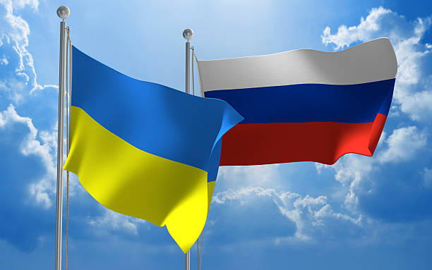 istock Ukraine and Russia flags flying together for diplomatic talks 488090338
