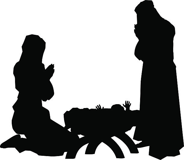 Nativity Scene Silhouettes Traditional religious Christian Christmas Nativity Scene of baby Jesus in the manger with Mary and Joseph in silhouette nativety stock illustrations