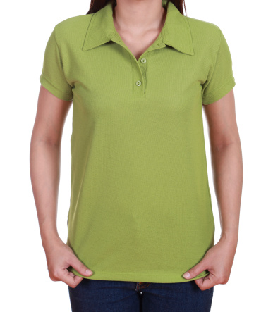 blank green polo shirt on woman isolated on white background