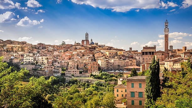 vue panoramique de la ville de sienne et de maisons historiques - tuscany landscape italy siena photos et images de collection
