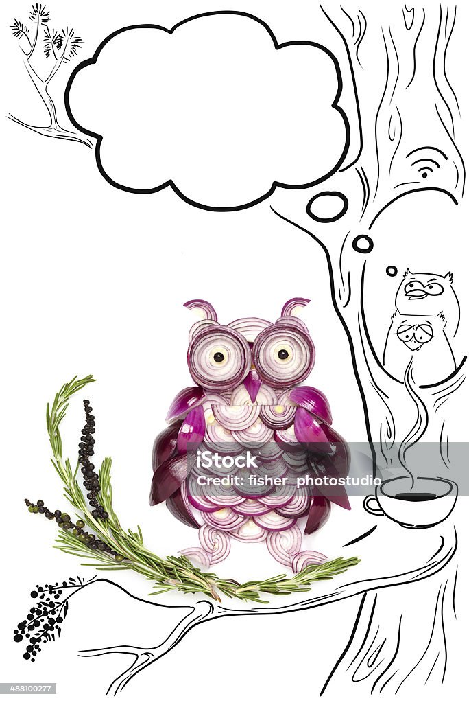 After nightlife. Food concept of funny owls made of onions and a drawing of coffee and wi-fi spot. Communication Stock Photo