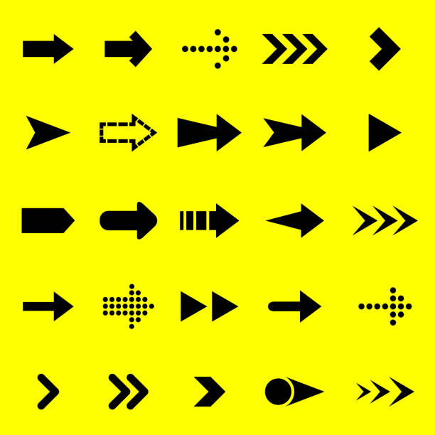 strzałki ikony czarny na żółtym tle - repetition spotted arrow sign loading stock illustrations