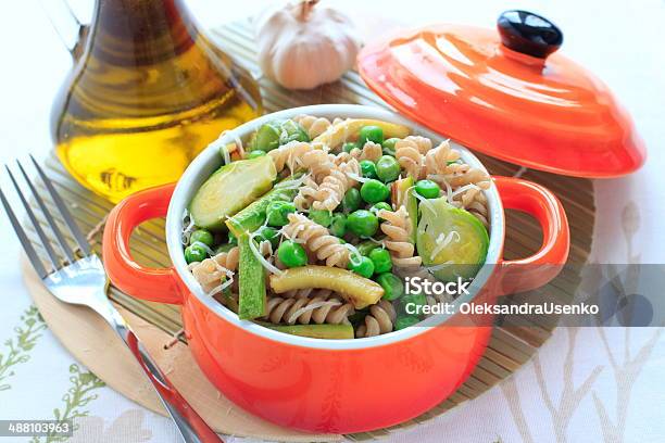 Wholegrain Pasta With Green Vegetables In Ceramic Pan Stock Photo - Download Image Now