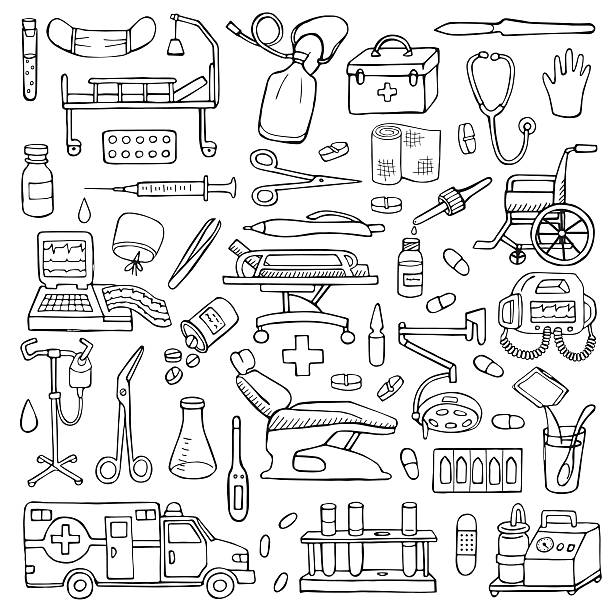 Medical hand drawn doodle set Vector illustration for backgrounds, web design, design elements, textile prints, covers person oxygen tank stock illustrations