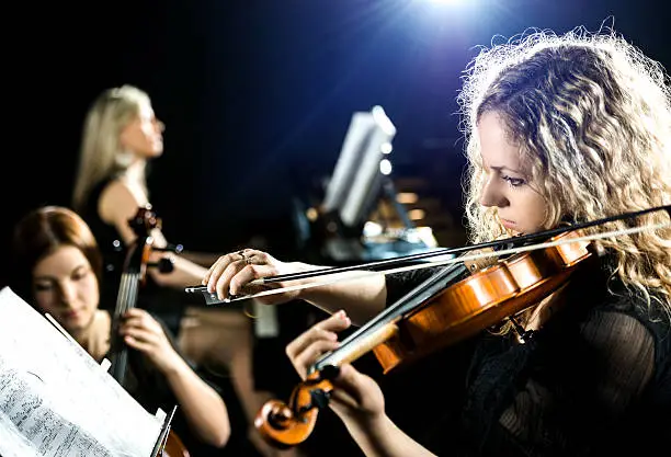 Female violinist playing the violin. There are people in the background.