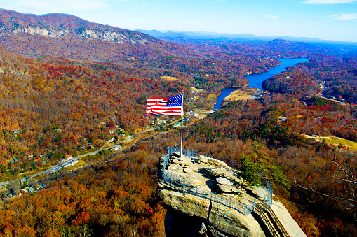 Chimney Rock, NC, United States of America. View of Chimney Rock and Lake Lure during the fall in North Carolina. 