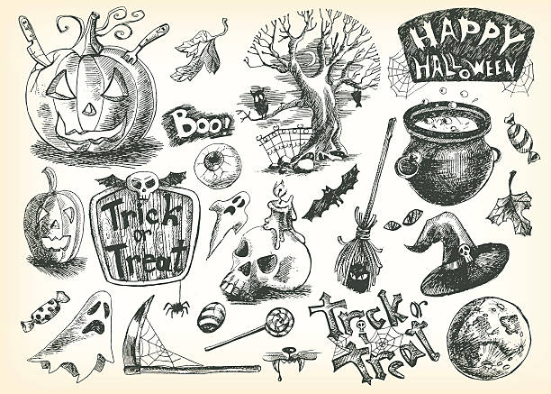 vektor vintage hand drawn halloween-set: kürbis, eye, baum, können - störer stock-grafiken, -clipart, -cartoons und -symbole