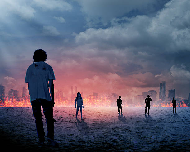 istock Group of zombie over burn city background 488113404