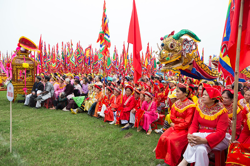Namdinh, Vietnam - April 2, 2014: An unidentified group of people are preparing for performances at Phu Day festivals.
