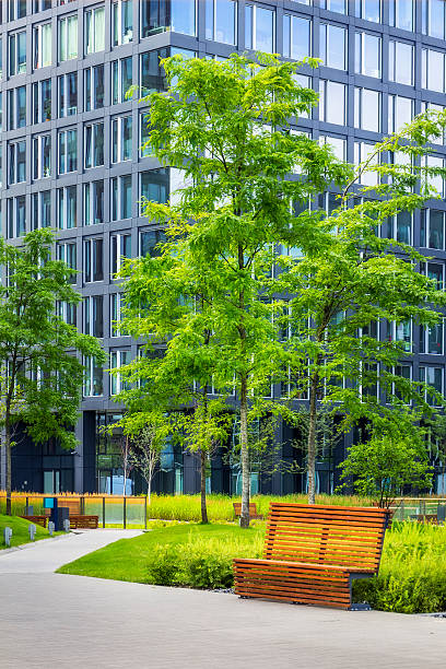istock Green square in front of office building 488113800