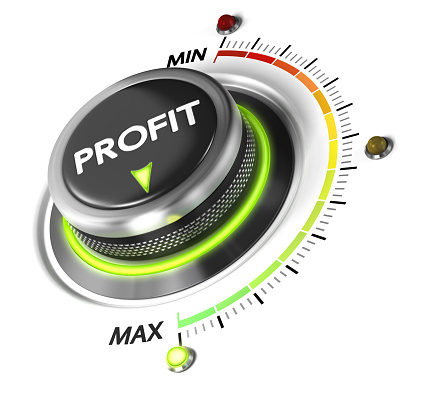 Profit button positioned on maximum, white background and green light. Finance concept illustration of profitability.