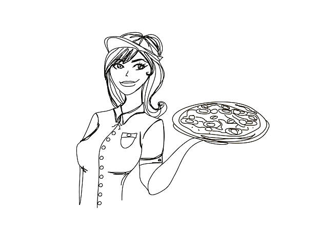 beautiful woman serving pizza vector art illustration