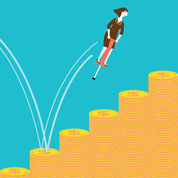 Vector illustration of Businesswoman Pogostick Jumping on Coins | New Business Concept