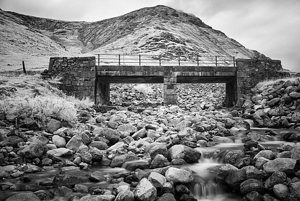Glen Etive Scenic Deep in the Highlands of Scotland, a small stream flows down the side of Glen Etive, cascading over a series of small waterfalls as it goes. Black & white conversion of an infrared image. etive river photos stock pictures, royalty-free photos & images