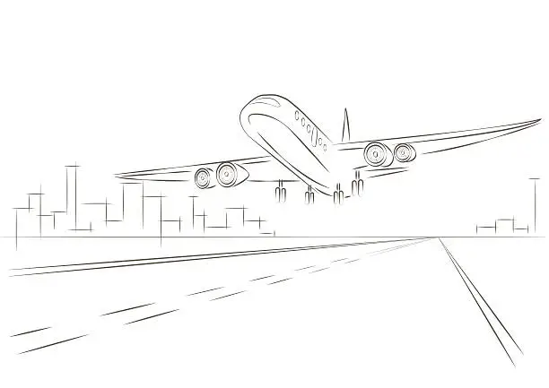 Vector illustration of linear sketch plane taking off