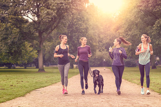 gesunde frauen joggen im park mit hund - action dog outdoors animal trainer stock-fotos und bilder