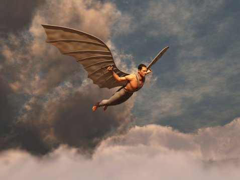 Winged man flying