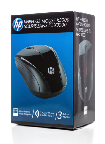 Miami, USA - April 25, 2014: HP wireless mouse x3000 box