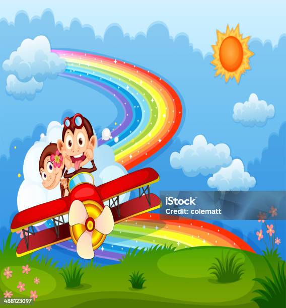 Plane With Two Boastful Monkeys And Rainbow In The Sky Stock Illustration - Download Image Now