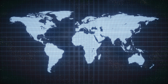 An abstract / cyberspace render of a digital modern world. A dotted silhouette of world continents is placed on a glowing blue grid, with faint stars visible in the background.