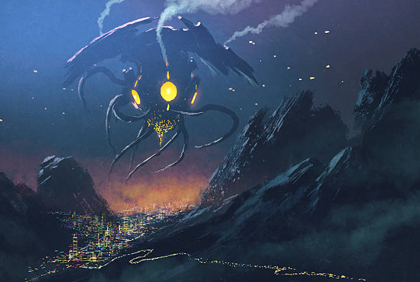 sci-fi scene.Alien ship invading night city sci-fi scene.Alien ship invading night city,illustration painting alien invasion stock illustrations