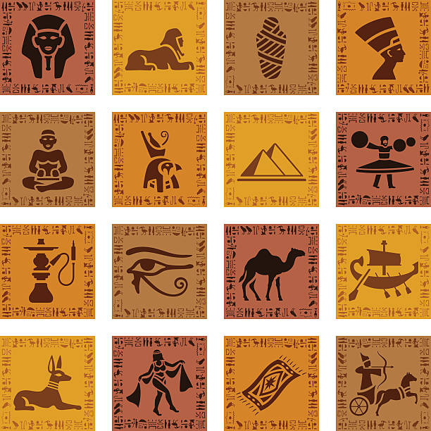egyptian zestaw ikon - hieroglyphics egypt egyptian culture nefertiti stock illustrations