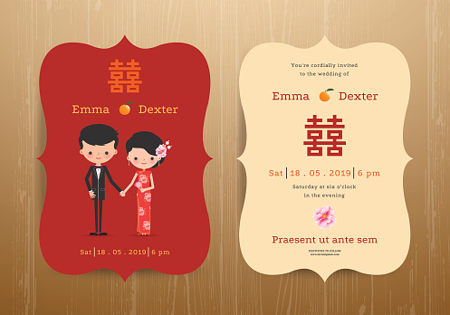 Wedding invitation card Chinese cartoon bride and groom