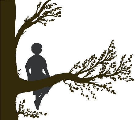 boy sitting on big tree branch, silhouette, secret place, childhood memory, dream, vector. 