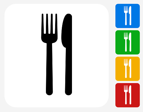 Fork and Knife Icon. This 100% royalty free vector illustration features the main icon pictured in black inside a white square. The alternative color options in blue, green, yellow and red are on the right of the icon and are arranged in a vertical column.