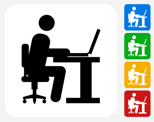 Man Working on Computer Icon Flat Graphic Design Man Working on Computer Icon. This 100% royalty free vector illustration features the main icon pictured in black inside a white square. The alternative color options in blue, green, yellow and red are on the right of the icon and are arranged in a vertical column. business person typing on laptop stock illustrations