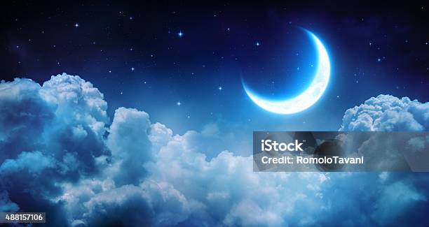 Romantic Half Moon On The Clouds Stock Photo - Download Image Now - Night, Moon, Sky