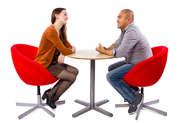 Interracial Couple Meeting For the First Date interracial couple on a casual coffeeshop date blind date stock pictures, royalty-free photos & images