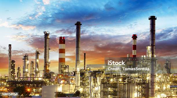 Oil Refinery Stock Photo - Download Image Now - Chemical Plant, Petrochemical Plant, Night