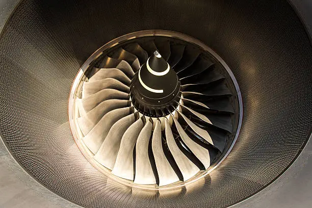 Detail of a modern turbofan aircraft engine.