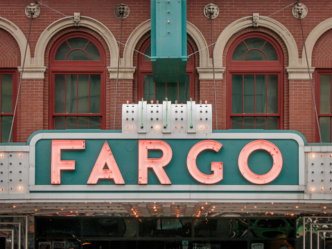 Fargo, ND, USA - November 4, 2012:  The Fargo Theatre is an art deco movie theatre in downtown Fargo, North Dakota, United States. It was built in 1926. It was restored in 1999 to its historic appearance and now is a center for the arts in the Fargo-Moorhead metropolitan area.