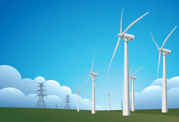Vector illustration of High voltage tower and wind turbine
