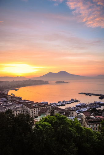 Intense sunrise of Mt. Vesuvius and the City of Naples, Italy