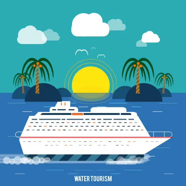 Vector illustration of Cruise ship and clear blue water. Water tourism.