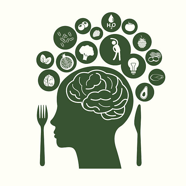 ilustraciones, imágenes clip art, dibujos animados e iconos de stock de vector illustrator simboliza de comidas para un sano cerebro - apple sign food silhouette