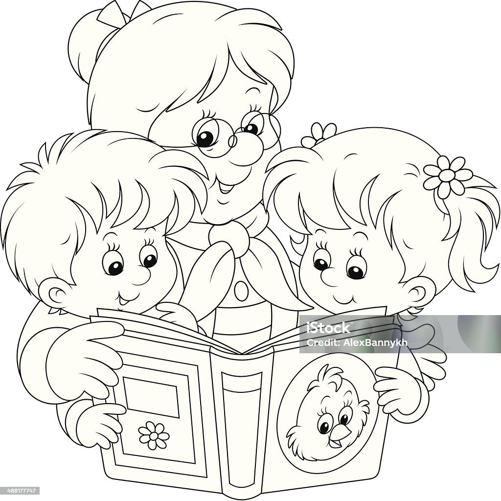 Grandma and grandchildren reading Grandmother reading a book to her little granddaughter and grandson Adult stock vector