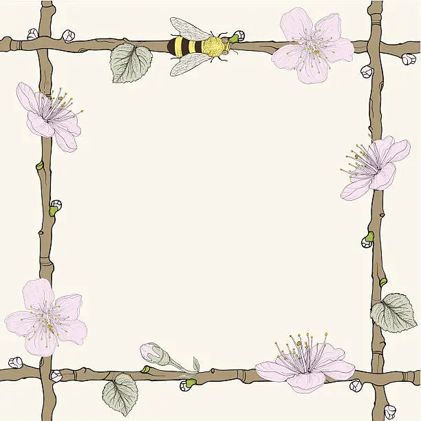 Vector illustration of twig frame with flowers and bee