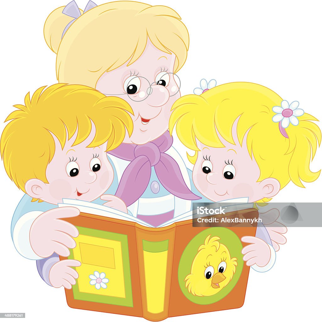 Grandma and grandchildren reading Grandmother is reading a book to her little granddaughter and grandson Grandmother stock vector