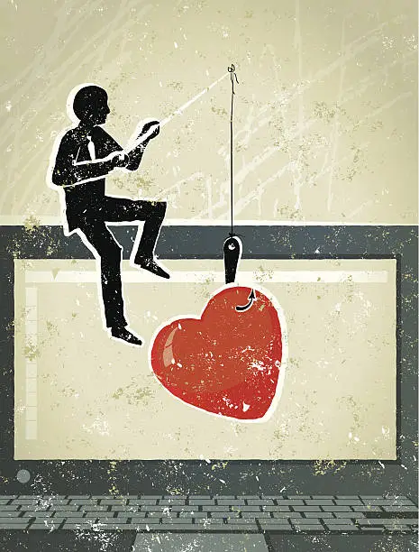 Vector illustration of Little Businessman Fishing for Love on Computer