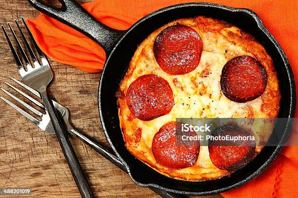 Skillet Peperonni Pizza On Table Stock Photo - Download Image Now - Pizza, Small, Skillet - Cooking Pan
