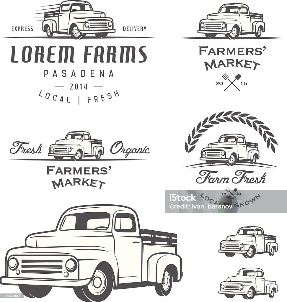 Set of retro farming labels, badges and design elements Set of retro farming labels, badges and design elements. Pick-up Truck stock vector
