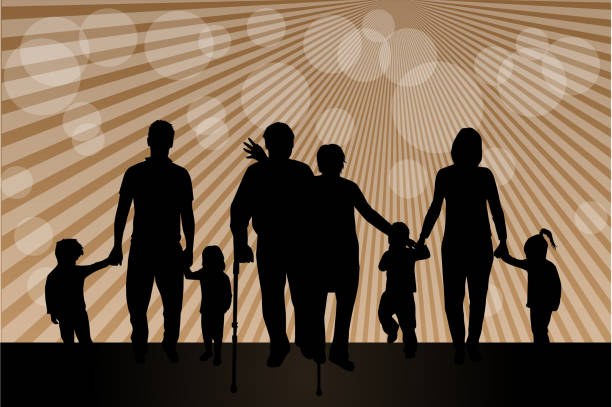 ilustraciones, imágenes clip art, dibujos animados e iconos de stock de familia siluetas - people silhouette aging process tree