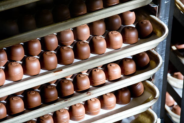 Milk chocolate truffles on a tray stock photo