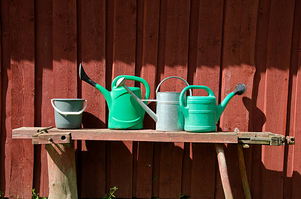 istock Bucket and three watering pots with red wooden wall background 488213144