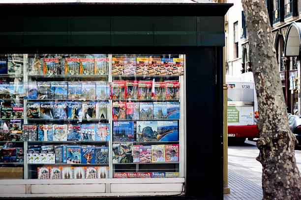 Travel guides kiosk at La Ramblas, Barcelona stock photo