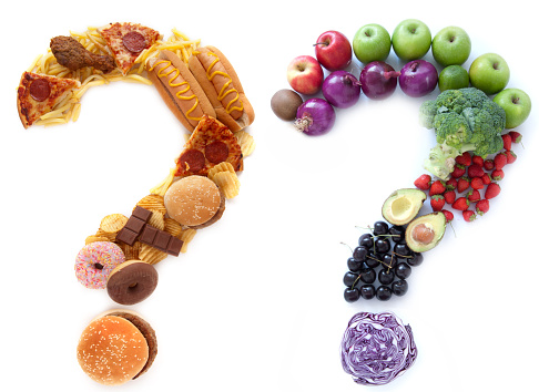 Unhealthy and healthy food ingredients in a the shape of question marks alongside each other
